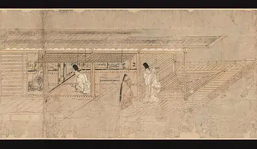 Transition from Shinden style to Shoin style. Between the young man and the seated nun, sliding fusuma; behind them, non-sliding fusuma. On the young man's side, hajitomi shutters, horizontally split, the upper half held up by hooks; on the nun's side, diagonally-planked sliding maira-do. Behind the young man speaking with the maidservant, similar non-sliding panels.