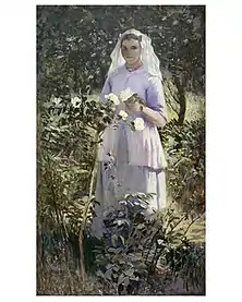 Oil painting of a bride standing facing the viewer, slightly obscured behind a chest-high rose bush. She is holding one of the roses and smiling softly at the viewer.