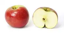 A round, red apple and its cross section side-by-side and isolated on a white background. A brown seed is set in the center of the cross sectioned apple.
