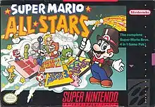 The Super Mario All-Stars box art depicts Mario, dressed as a magician, showcasing panels with the games' titles. Around the panels are elements from the included games, such as Mario wearing various suits, Luigi, Toad, Princess Toadstool, and enemies. In the upper left corner, the game's logo is shown in white and yellow text. The Super Mario All-Stars artwork is surrounded by the SNES box art template.
