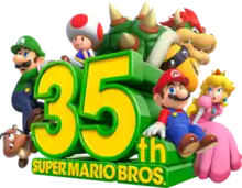 Anniversary logo, depicting (from left to right) a Goomba, Luigi, Toad, Bowser, Mario, and Princess Peach