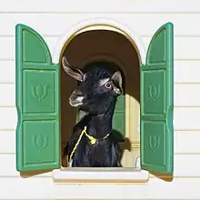 a photo of a goat looking out the window of a small plastic children’s play house
