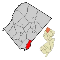 Map of Hopatcong Borough in Sussex County. Inset: Location of Sussex County in the State of New Jersey.