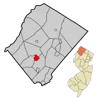 Location of Newton in Sussex County highlighted in red (left). Inset map: Location of Sussex County in New Jersey highlighted in orange (right).