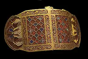 Shoulder-clasps from Sutton Hoo; early 7th century; gold, glass & garnet; length: 12.7 cm; British Museum