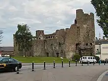 The remaining ruins of Swansea Castle seen from across Castle Street.