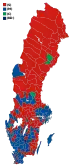 Votes by municipality. The municipalities are the color of the party that got the most votes within the coalition that won relative majority.