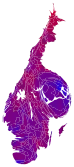 Cartogram of the vote with each municipality rescaled in proportion to the number of valid votes. Deeper blue represents a relative majority for Alliance for Sweden, brighter red represents a relative majority for the Red-Green bloc.