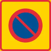 This is the Swedish traffic sign for  no parking zone . The red circle with a diagonal line crossing it coveys the idea of "Not Allowed", and is called an ideogram.