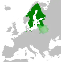 Swedish Empire (dark green) in 1655–1657 with Lithuania (light green) as its protectorate. Diagonal lines represent territories occupied by the Tsardom of Russia.