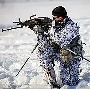 Swedish paratrooper on skis with a winter ghillie suit