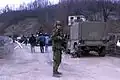 A Swedish soldier manning a civilian checkpoint leading to the Joint Civilian Commission meeting in Doboj