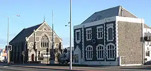 The historic Sydenham Post Office and the Sydenham Heritage Church prior to the 2011 Christchurch earthquake