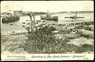 Binngarra being launched, with her forerunner, Kuring-gai, on the left, 18 July 1905