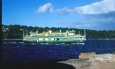 Kanangra as a diesel vessel and in her 1960s green and cream Public Transport Commission colours, 1971