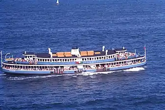 Kanangra in her blue Public Transport Commission colours on a Harbour Cruise, 1970s