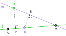 Two lines, six points on them, and two perpendicular segments from a point on one line to a point on the other, labeled as described in Kelly's proof