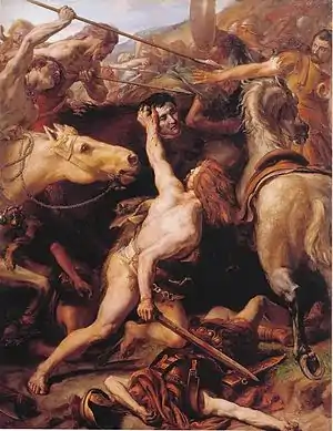 A colourful oil painting of a naked warrior holding up a severed head