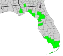Map of Georgia and Florida with county boundaries and distribution of Symphyotrichum fontinale shaded in green: Georgia counties — Grady; Florida counties — Alachua, Citrus, Collier, Dixie, Lee, Liberty, Marion, Miami-Dade, Monroe, Pasco, and Taylor