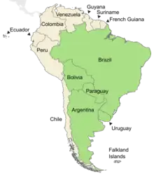 Symphyotrichum graminifolium distribution map: Argentina, Bolivia, Brazil, Paraguay, and Uruguay.