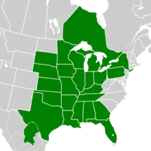 Symphyotrichum oolentangiense native distribution map: Canada — Ontario, Mexico — Coahuila, US — Alabama, Arkansas, Florida, Georgia, Illinois, Indiana, Iowa, Kansas, Kentucky, Louisiana, Michigan, Minnesota, Mississippi, Missouri, Nebraska, New York, Ohio, Oklahoma, Pennsylvania, South Dakota, Tennessee, Texas, and Wisconsin.