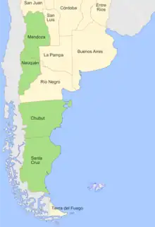 Symphyotrichum patagonicum distribution map: Argentine provinces – Chubut, Mendoza, Neuquén, and Santa Cruz.