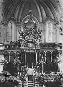 Black-and-white photograph of the inside of the synagogue