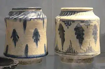 Syrian medicinal jars made circa 1300, excavated in Fenchurch Street, London, an example of Islamic contributions to Medieval Europe. Museum of London.