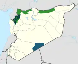 Areas under control of various opposition groups as of February 2020     Interim Government (National Army)     Salvation Government (Tahrir al-Sham)     al-Tanf (Army of Free Syria)