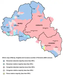 Ethnic map of Harghita, Covasna, and Mureș based on the 2002 data, showing areas with Hungarian majority