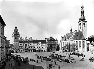 Žižkovo Square with town hall and church, 1895, Ignác Šechtl