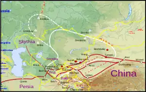 Approximate borders of Türgesh Khaganate (white line).