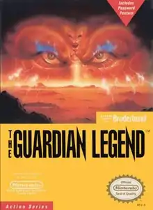An alien face peers over a reddish cratered landscape as lightning strikes. Below the landscape are logos and seals of the game, Broderbund, and Nintendo on a yellow background.