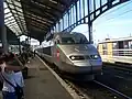 A TGV train for Lille and Brussels arrives at the station