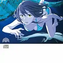 An anime woman swimming in water.