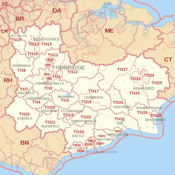 TN postcode area map, showing postcode districts, post towns and neighbouring postcode areas.