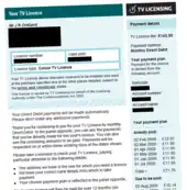 A white and blue letter detailing the confirmation and payments towards someone's TV licence