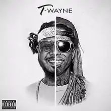 Black-and-white drawing of half of T-Pain and Lil Wayne's faces