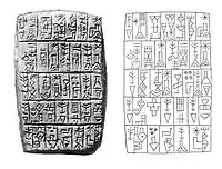 Tablet of Ur-Nanshe (Urn 24): "Ur-Nanshe, King of Lagash, son of Gunidu, the son of Gurmu, built the house of Nanshe, fashioned (the statue of) Nanshe (...) Boats from the land of Dilmun carried the wood".