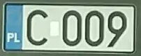 A squarish license plate reading C009. Its width mimics U.S. license plates' size, but it's shorter vertically.
