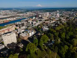 Aerial view of Downtown Tacoma with Mount Rainier in the background