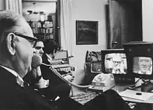 Image 20Swedish Prime Minister Tage Erlander using an Ericsson videophone to speak with Lennart Hyland, a popular TV show host (1969) (from History of videotelephony)