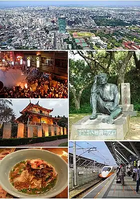Clockwise from top: Downtown Tainan, statue of Yoichi Hatta, THSR Tainan Station, Dan zai noodles, Fort Provintia, beehive firework in Yanshuei