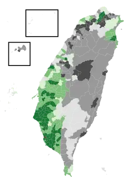 Map showing vote difference between national winner and national runner-up at the township/district level in the 2000 Taiwanese presidential election.