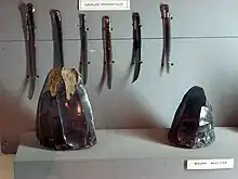 Six long, thin blades of dark volcanic glass, suspended vertically in a display cabinet. In front of them are two angular pieces of dark, shiny stone.