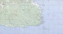 Topographical map of the Huon Peninsula and Tami Islands, showing the distance between Finschhafen and the Islands, and some of its features.