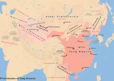 The Tang dynasty at its greatest extent and Tang's protectorates
