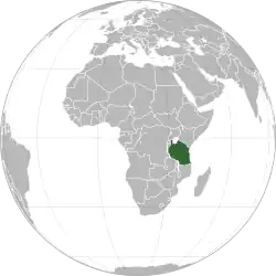 Location of Tanzania (dark green) in eastern Africa