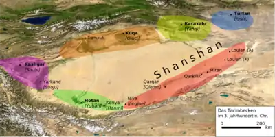 Color-coded physical map of the Tarim Basin