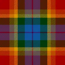 A a fairly traditional tartan pattern, but rendered in a rainbow selection of blue, purple, red, orange, yellow, and green.